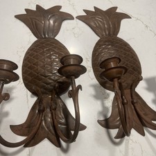 Vintage Pineapple Pair Of Candle Italian  Style RusticMetal Wall Sconces 20”x8” picture