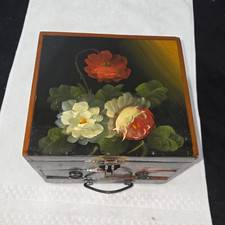 Vintage Hand Painted Floral Jewelry Chest 3 Drawer Wood Keepsake Box Folk Art picture