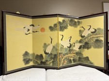 VTG 🔥 Mid Century Japanese BYOBU Screen White CRANES 4 Panel Hand Painted SILK picture