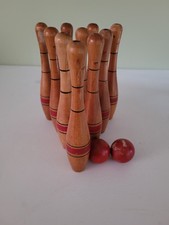 Vintage Tabletop Wooden Bowling/skittles Set W/ 2 Red Wooden Balls C.1920 picture