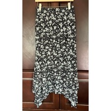 90s Grunge Y2K Whimsigoth Fairy Black Floral Double Ruffle Asymmetrical Skirt-S picture