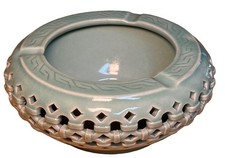 VTG Korean Celadon Ceramic Ashtray Double-Walled Openwork/Basket Weave Pattern picture