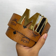 Authentic MCM Brown Visetos Reversible Belt Gold M Buckle Men’s picture