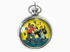 Vintage Rare Popeye & Bluto and Whimpy Silver Pocket Watch Wind Up picture