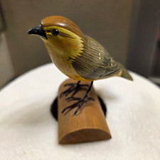 Vintage Wooden Bird Figurine Hand Painted Yellow Green Folk Art Decor Rustic picture
