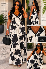 Women's Black/White Floral Maxi Dress V-Neck Sleeveless Lace Trim Straps L picture