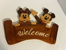 VINTAGE Disney MICKEY MINNIE MOUSE Welcome Wood Intarsia Decor EUC 15” picture