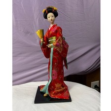 Vintage Japanese Geisha Doll Red Silk Kimono Gold Embroidery 16.5 Inch picture