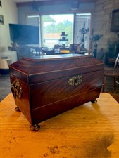 19th Century Georgian Mahogany Veneer Tea Caddy Brass Handle  picture
