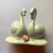 Porcelain Swan Bird Figurine Pair on Base with Pink Rose, 2 Swans picture