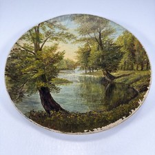 Antique 1883 Oil Painting Artist Signed Paper Mache Plate Vtg American Folk Art picture