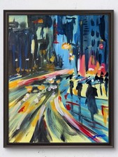 Original 14x11 Expressionist Rainy City Night Scene Painting Signed Canvas picture