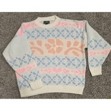 Vintage Cabin Creek Pastel Floral Heart Knit Sweater Crewneck Made in USA Large picture
