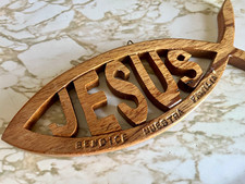 Vintage Hand Carved Jesus Fish Wall Hanging Plaque “Bendice Nuestra Familia” picture