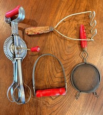 Vintage 4pc Kitchen Utensils Primitive Egg Beater Masher Sifter Strainer Red picture