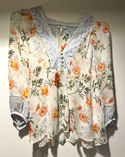 Joie Women’s S White Blue Floral V-Neck Long Sleeve Button Blouse picture