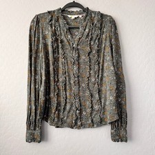 Boden 12 Blouse Gray Long Sleeve Ruffle Trim Floral Button Front Cotton Modal picture