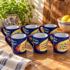 Vintage Pier 1 Handpainted Made in Italy Pottery Fish Mugs Set of 6 Blue #49 picture