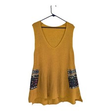 Boho Lagenlook Mustard Knit Tunic Top 1XL Oversized Patchwork Artsy Festival picture