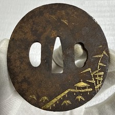 Antique Japanese Iron Tsuba – Bamboo and Hut Design picture