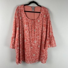 Catherines Blouse Size 3X Coral Pink Floral 3/4 Bell Sleeve Lined Scoop Neck picture