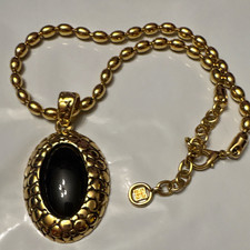 HTF vintage Givenchy Signed Gold Plated Oval Black Pendant Ball Chain Necklace picture