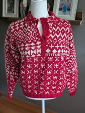 Vintage LL Bean 100% Wool Fair Isle Red And White Ski Sweater Medium picture