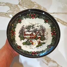 Christmas Winter Village Scene Salad Plate Round Ceramic Black Rim Holly Border picture