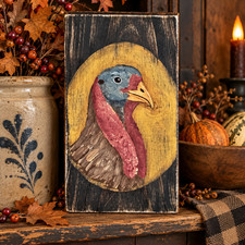Primitive Turkey Portrait Hand Painted Reclaimed Wood Thanksgiving Wall Decor picture