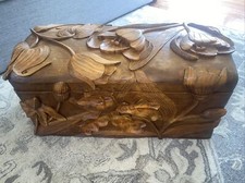 Antique Large Hand Carved Wooden Box , Floral Design picture