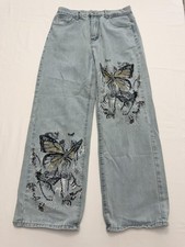 ROMWE Wide Leg Jeans Womens L Blue Light Wash High Rise Butterfly 30x30 Denim picture