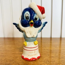 Vintage 1950's Kreiss Merry Christmas Blue Bird w Santa Hat & Beard Ceramic Bell picture