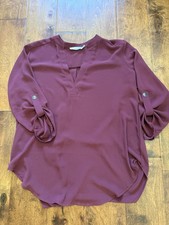 Lush Women’s XS burgundy Solid V-Neck Woven Pullover Roll Tab 3/4 Sleeve Blouse picture