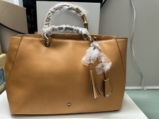 G.I.L.I. LARGE Camel Beige/Tan LEATHER BAG BAMBOO HANDLES— New—Never Used.  picture