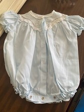 Vintage Feltman Bros Baby Blue Bubble Romper Hand Embroidered Lace picture