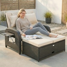 Outsunny Outdoor Patio Rattan Daybed w/ Storage Ottoman, Beige picture
