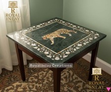 Green Marble Pietra Dura Table Top - Square Tiger Inlay & Floral Border Tabletop picture