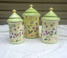 Tracy Porter 3pc Ceramic Floral Canister Set w/ Lids Green White 12in picture