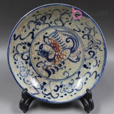 18cm Chinese Ancient Underglaze Blue and Red Porcelain Phoenix Pattern Plate picture