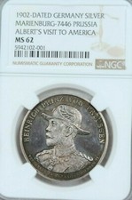 1902 GERMANY SILVER MEDAL PRUSSIA ALBERTS VISIT TO AMERICA NGC MS 62 VERY RARE picture