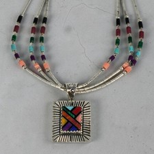 Q.T. Sterling Silver Multi Stone Inlay Pendant Triple Strand Liquid Necklace 21