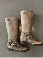 Frye Tall Boots 7.5 Distressed Tan Brown Back Zip Buckles Veronica picture