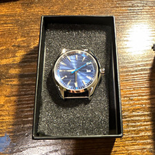 Blue Dial Analog Wristwatch mechanical Date Indicator Silver Case Box picture