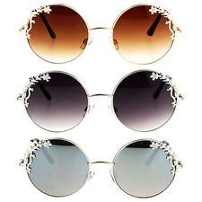 Womens Retro Foliage Jewel Trim Round Circle Lens Hippie Sunglasses picture