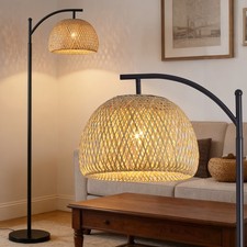 Boho Rattan Arc Floor Lamp Black Tall Standing Lamp for Living Room Bedroom picture