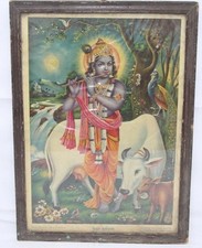 Vintage Old Hindu Lord Krishna /Gopal With Flute & Cow Beautiful Litho Print picture
