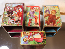 ANTIQUE WOODEN STACKABLE NURSERY RHYMES 4 STACKABLES 16 RHYMES IN ALL CIR 1939 picture