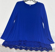 Womens Large Royal Blue Tunic Top Long Sleeve Crochet Lace Hem Swing Rayon Boho picture