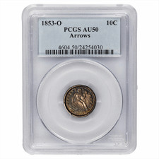 1853O Arrows Seated Liberty Dime 10C PCGS AU 50 picture