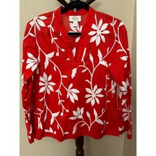 Talbots Petites Red Floral Embroidered Long Sleeve Blouse Top Size 10P picture